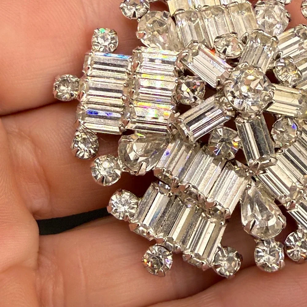 Vintage Kramer NY Brooch Snowflake Clear Rhinestone Baguette Pear Statement